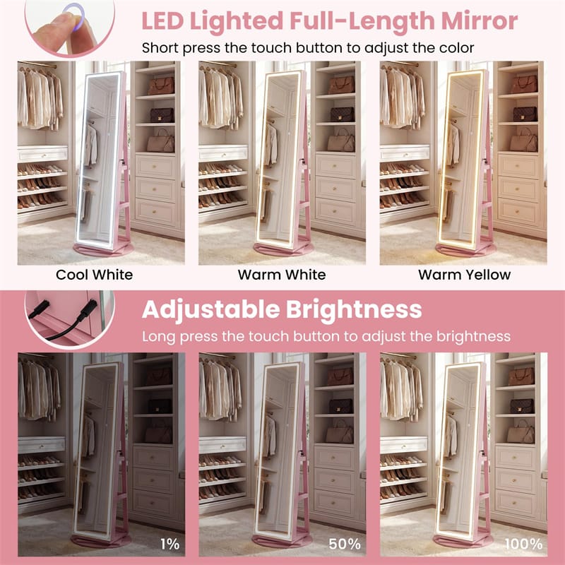 360�� Swivel Jewelry Cabinet Armoire w/ Full Length Mirror 3-Color LED Lights & Rear Shelves, Lockable Standing Jewelry Storage Organizer
