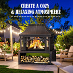 39" Fire Pits with Wood Storage for Outside, Large Wood Burning Outdoor Fireplace with Chimney, Mesh Spark Screen & Fire Poker, Idea for Backyard, Patio, Party, Camping, Picnic