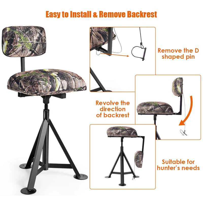 360° Camo Swivel Hunting Chair for Outdoor Activities, Height Adjustable Tripod Blind Stool Chair with Detachable Backrest, Padded seat