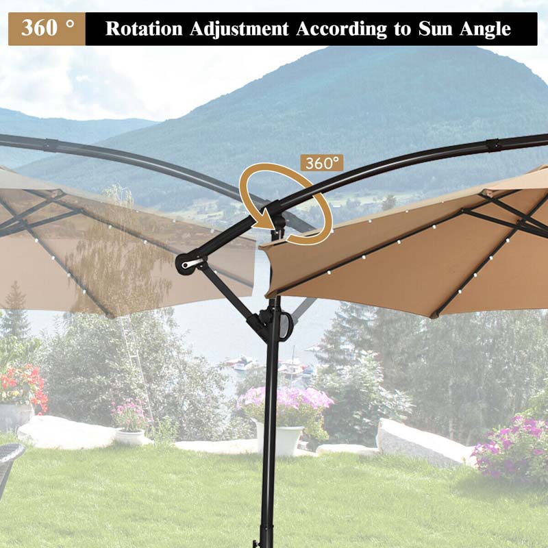 10 FT Patio Offset Umbrella with Solar Lights 360° Rotation Outdoor Market Umbrella with Crank Handle & Cross Base