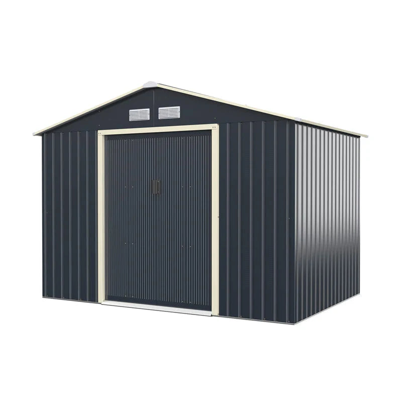 9 x 6 FT Outdoor Metal Storage Shed with 4 Air Vents & Sliding Double Lockable Doors, Backyard Tool Shed Garden Storage House