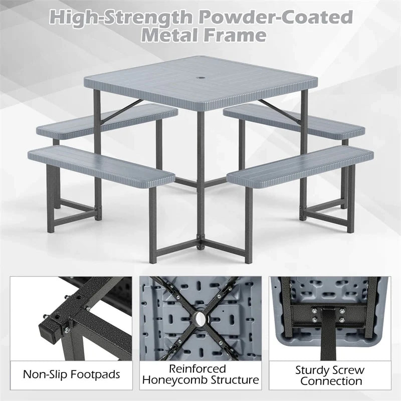 4-8 Person Outdoor Picnic Table Bench Set, All-Weather HDPE Square Dining Table with Umbrella Hole, 4 Benches & Metal Frame for Patio Backyard