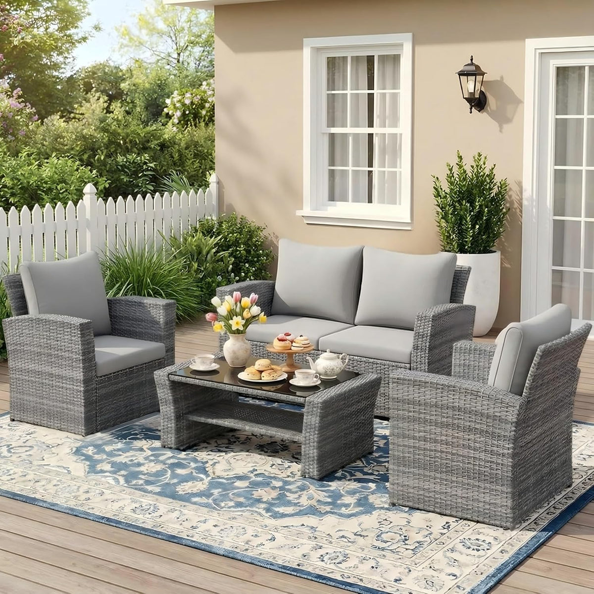 Wisteria Lane 4 Piece Patio Furniture Set  Wicker Outdoor Patio Conversation Furniture Set  All Weather Outdoor Patio Sofa with Cushion and Glass Table  Ash Gray