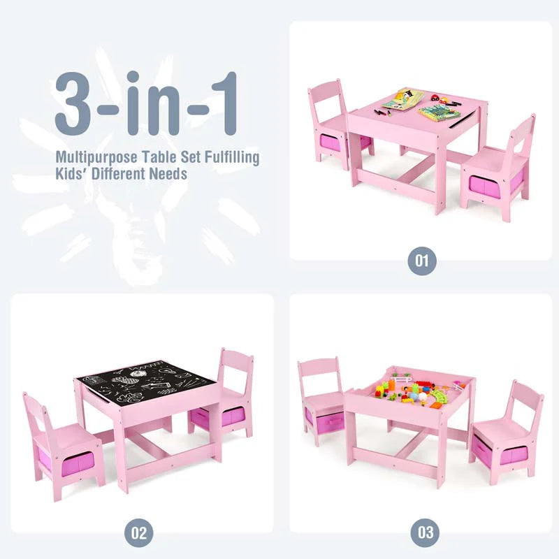 3-in-1 Kids Wood Table Chairs Set with Blackboard & Storage Drawers, Children Multi Activity Table for Learning Playing Drawing