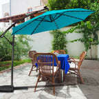 10 FT Patio Offset Umbrella with Solar Lights 360° Rotation Outdoor Market Umbrella with Crank Handle & Cross Base