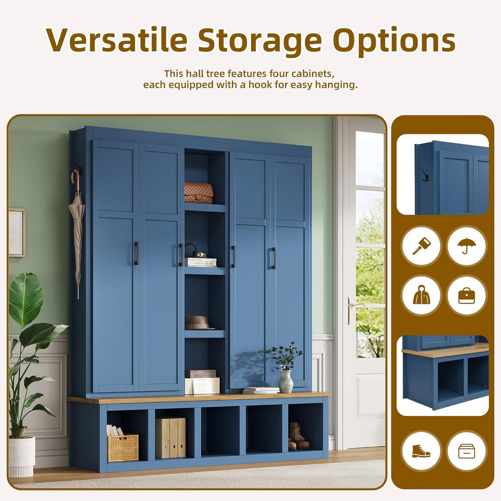 LUMISOL 4-in-1Wide Hall Tree with Wood Grain Bench and 8 Open Compartments, Farmhouse Style Entryway Bench with Storage Unit and 6 Hooks, 62.9" Rustic Coat Rack for Hallway Living Room, Blue