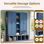 LUMISOL 4-in-1Wide Hall Tree with Wood Grain Bench and 8 Open Compartments, Farmhouse Style Entryway Bench with Storage Unit and 6 Hooks, 62.9" Rustic Coat Rack for Hallway Living Room, Blue