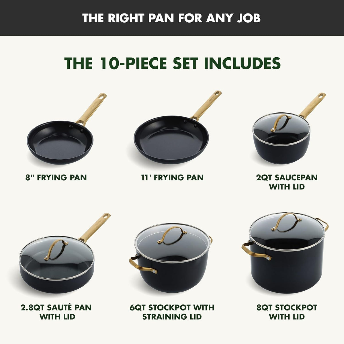Reserve Hard Anodized Healthy Ceramic Nonstick 10 Piece Cookware Pots and Pans Set, Gold Handle, PFAS-Free, Dishwasher Safe, Oven Safe, Black