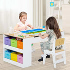 2-in-1 Kids Art Table Chair Set for Drawing Writing, Toddler Craft Play Wood Activity Desk w/2 Chairs Paper Roll Storage Canvas Bins