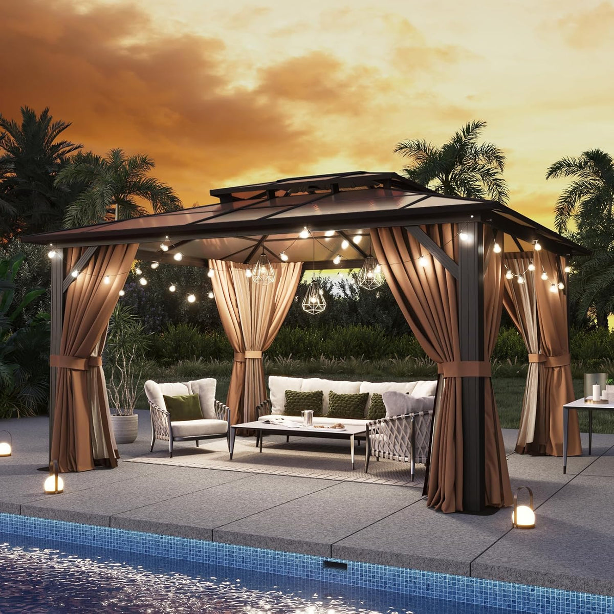 Aoxun 12'x10' Hardtop Gazebo  Aluminum Frame Permanent Pavilion with Curtains and Netting  Outdoor Polycarbonate Double Roof Canopy  Designed for Garden  Lawns  Patio  Brown