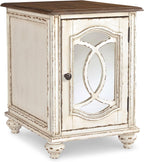 Signature Design by Ashley Realyn Farmhouse Chair Side End Table with Cabinet For Storage, Antique White & Brown