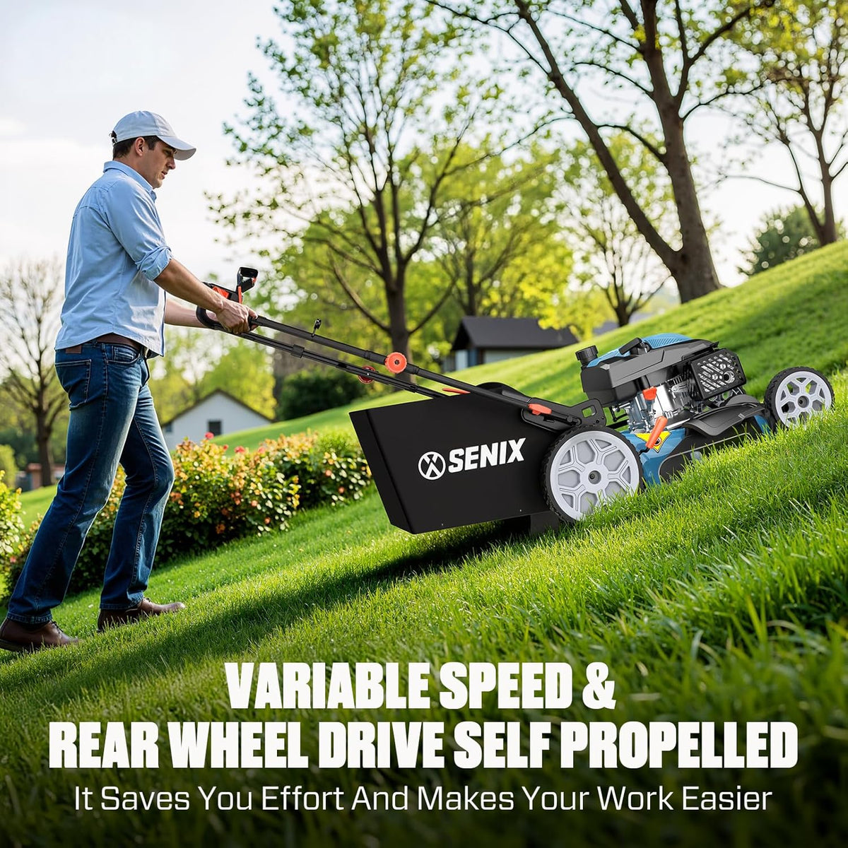 SENIX 201cc 22" 3-in-1 Gas Lawn Mower  Variable Speed Rear Wheel Self-Propelled Mower  Mulching  Bagging  Discharging  Foldable  6 Cutting Height Adjustable  for Garden Yard