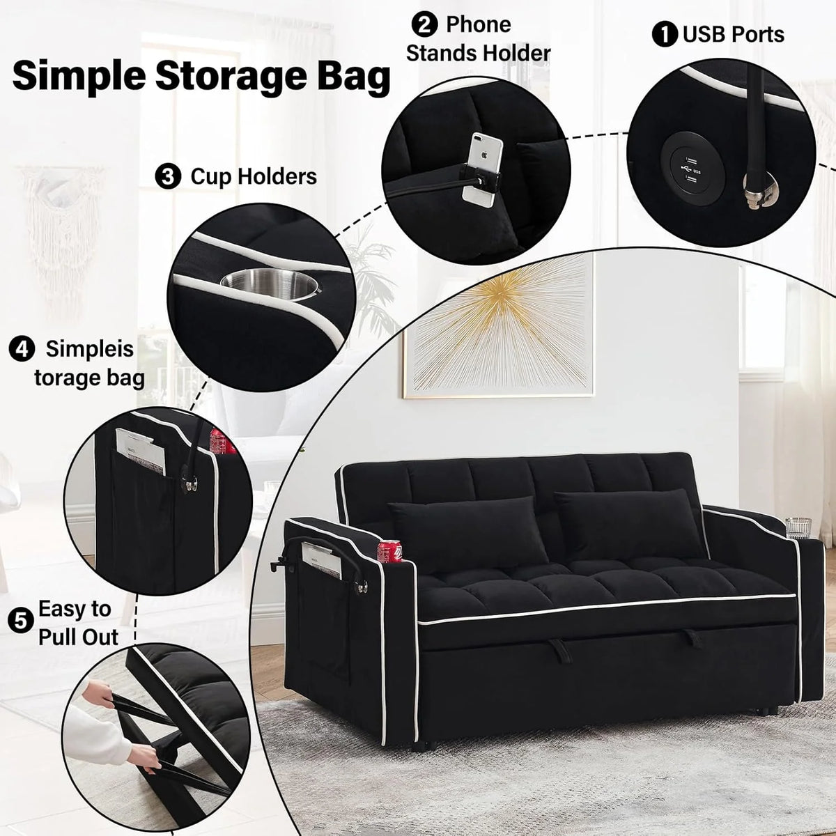Fashionable modern and multi-functional foldable velvet sofa bed