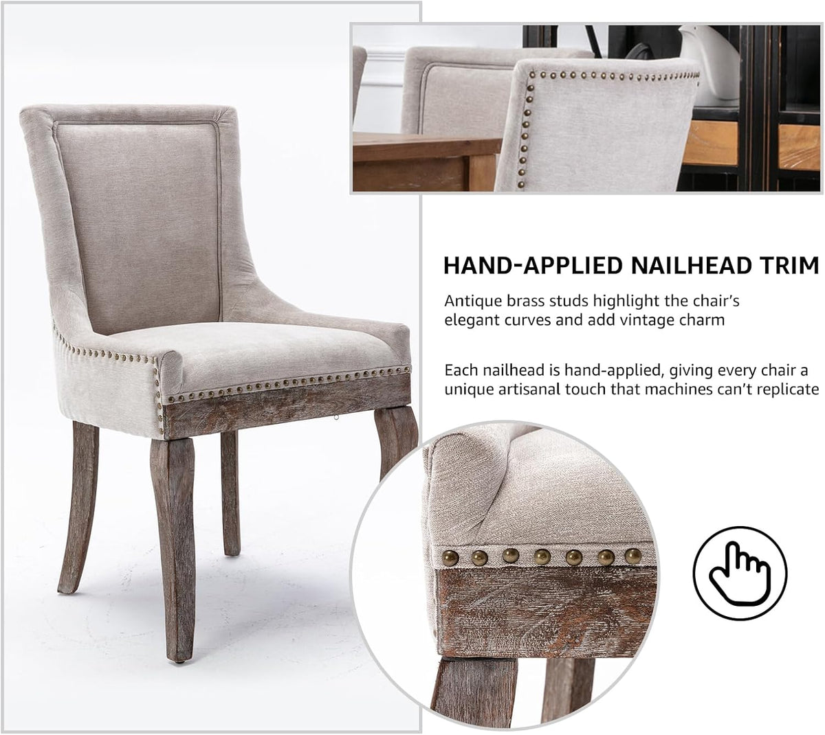 Modern Dining Chairs Set of 4, Fabric Upholstered High Back Chairs with Nailhead Trim and Curved Solid Wood Legs, Sillas de Comedor Accent Chairs for Dining Room, Beige