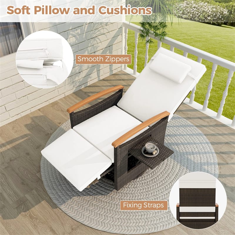 Outdoor Rattan 360�� Swivel Recliner Chair, Patio Wicker Chaise Lounge Chair with Adjustable Backrest & Footrest, Flip Side Table & Cushions