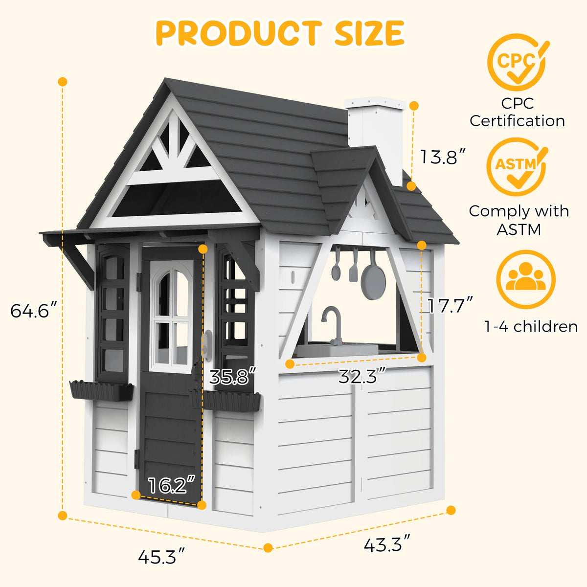 COCLUB Outdoor Playhouse for Kids Ages 4-8, Wooden Play House with Doorbell, Phone, Kitchen Toys, Outdoor Kids Play Equipment, Casa Para Niñas (45”L x 65”H), White & Black