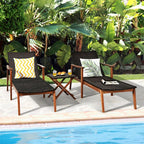 Acacia Wood & Rattan Patio Beach Outdoor Chaise Lounge Chairs Pool Sun Lounger Set with Folding Side Table