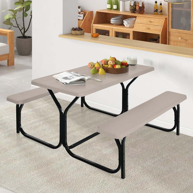 Outdoor Picnic Table Bench Set, All-Weather Dining Table Set, Metal Base Wood-Like Texture, Large Camping Table for Lawn Garden Backyard