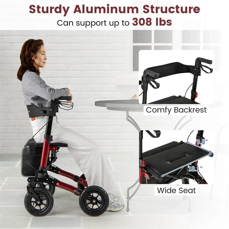 2-in-1 Folding Rolling Rollator Walker with Seat, 9" All-Terrain Pneumatic Tires & Height Adjustment, Aluminum Mobility Walking Aid for Seniors