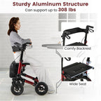2-in-1 Folding Rolling Rollator Walker with Seat, 9" All-Terrain Pneumatic Tires & Height Adjustment, Aluminum Mobility Walking Aid for Seniors