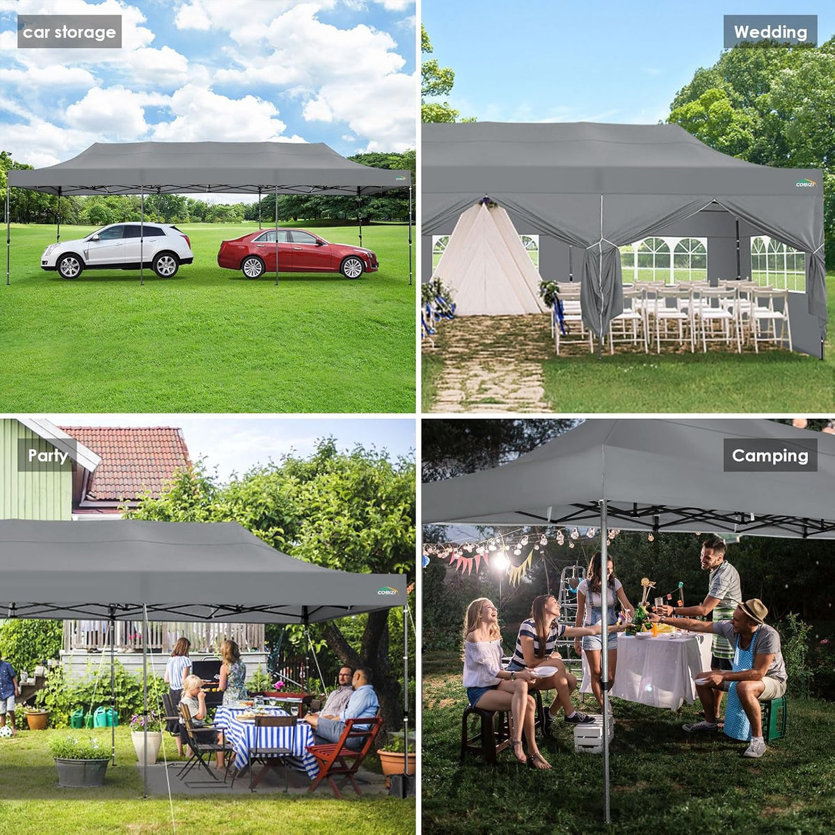 COBIZI 10x20 Heavy Duty Pop up Canopy Tent with 6 sidewalls Easy Up Commercial Outdoor Canopy Wedding Party Tents for Parties All Season Wind & Waterproof Gazebo with Roller Bag,Black(Frame Thickened)