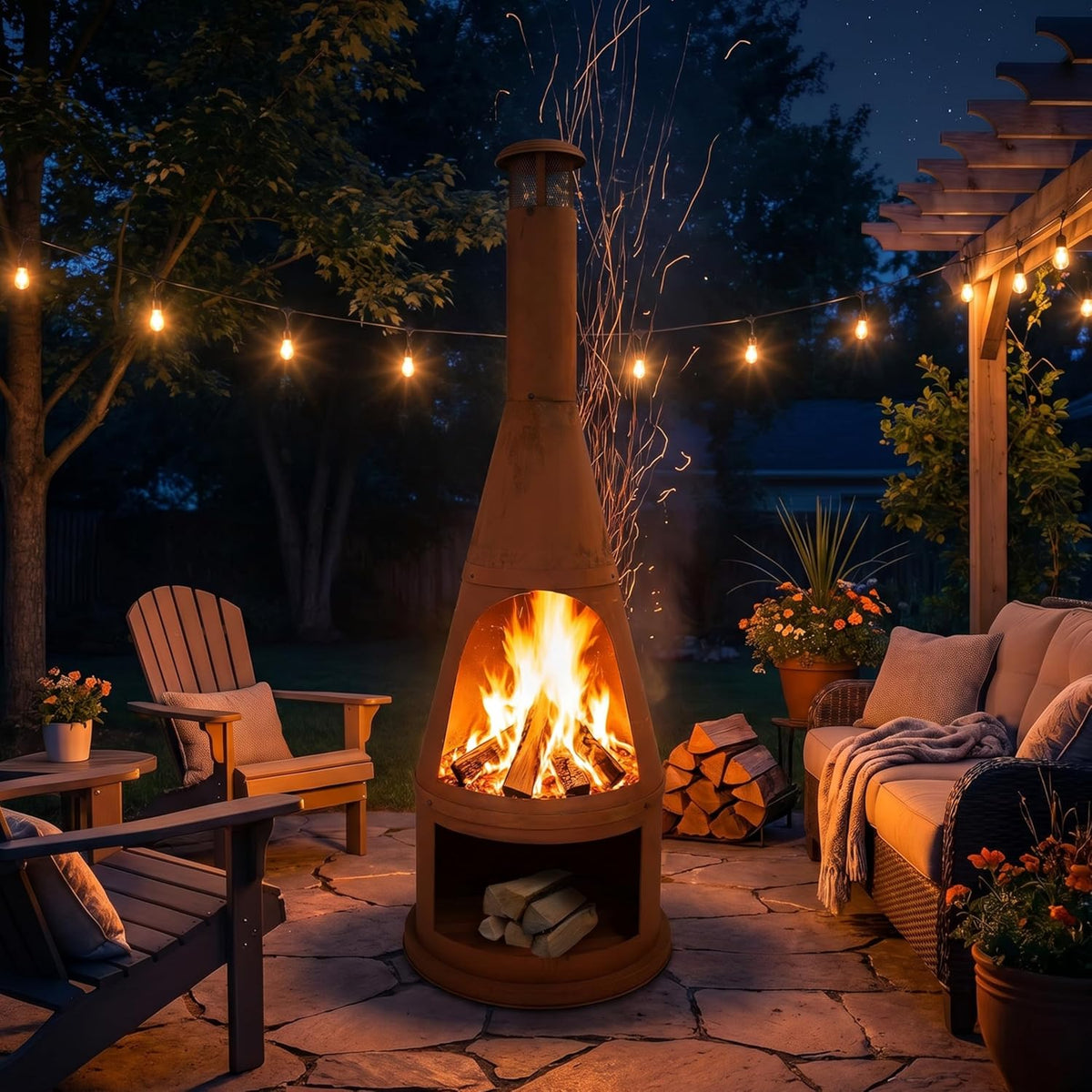 Sunnydaze 70" Tall Wood-Burning Outdoor Chiminea Fire Pit with Built-in Log Holder - Steel Large Chiminea Outdoor Fireplace for Patio or Backyard - Rustic