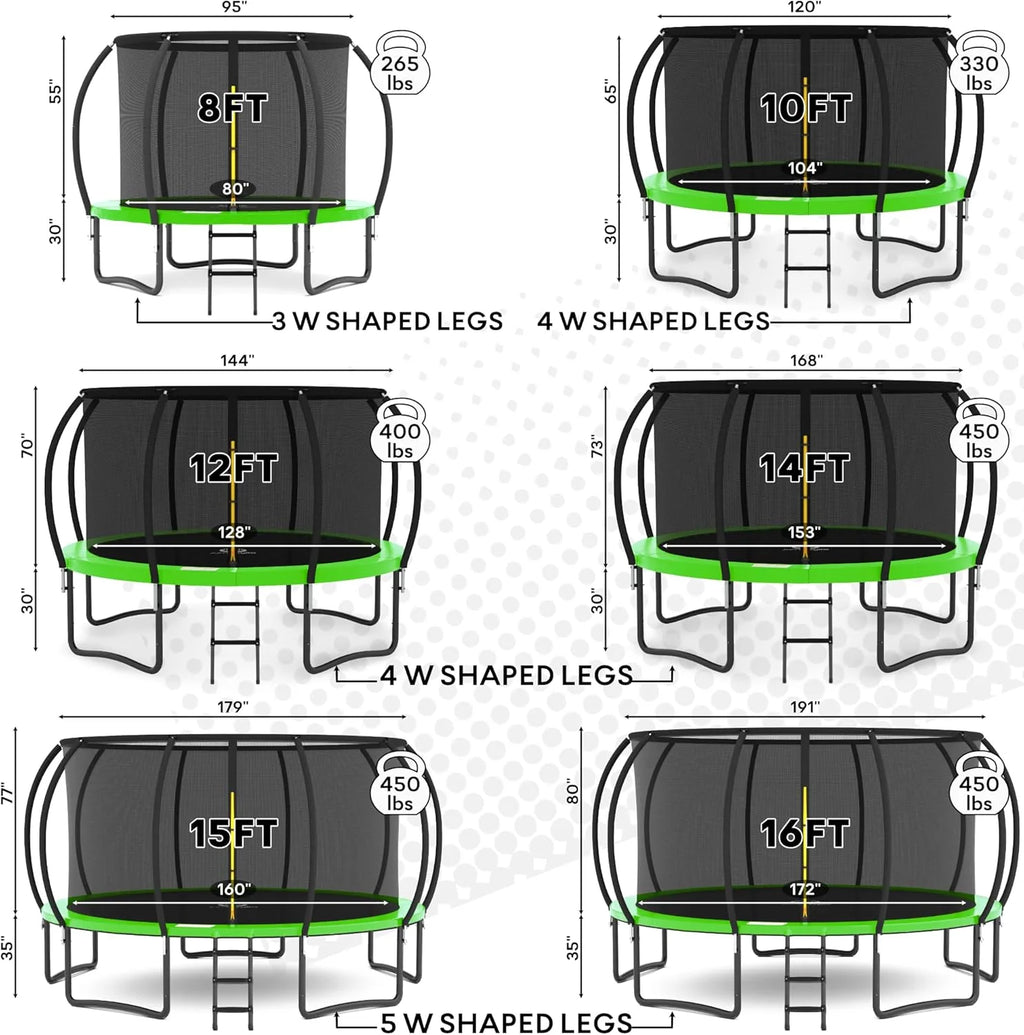 JUMPZYLLA Trampoline 8FT 10FT 12FT 14FT 15FT 16FT Trampoline with Enclosure - Recreational Trampolines with Ladder and AntiRust Coating, ASTM Approval Outdoor Trampoline for Kids