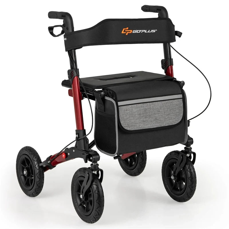 2-in-1 Folding Rolling Rollator Walker with Seat, 9" All-Terrain Pneumatic Tires & Height Adjustment, Aluminum Mobility Walking Aid for Seniors