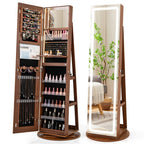360�� Swivel Jewelry Cabinet Armoire w/ Full Length Mirror 3-Color LED Lights & Rear Shelves, Lockable Standing Jewelry Storage Organizer