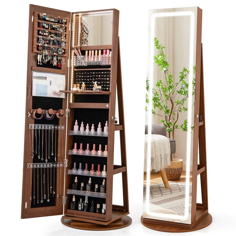 360�� Swivel Jewelry Cabinet Armoire w/ Full Length Mirror 3-Color LED Lights & Rear Shelves, Lockable Standing Jewelry Storage Organizer