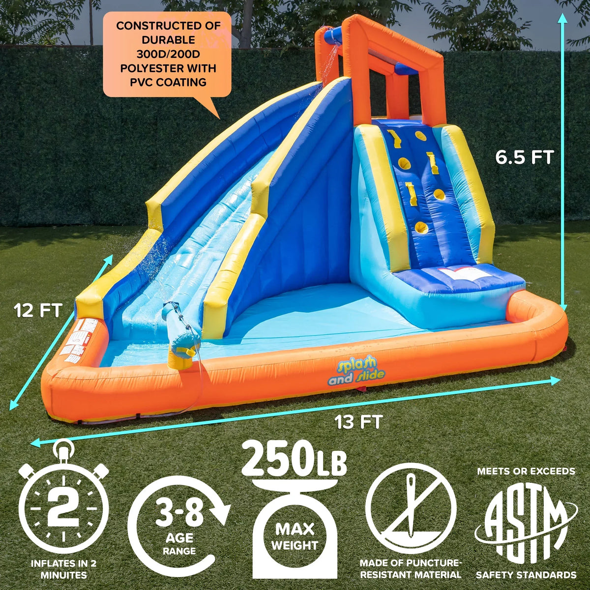 Sportspower�?Big Wave II Inflatable Water Slide with Climbing Wall & Splash Pool, Ages 3-8, Heavy Duty, ASTM Certified, Lifetime Warranty on Included Blower