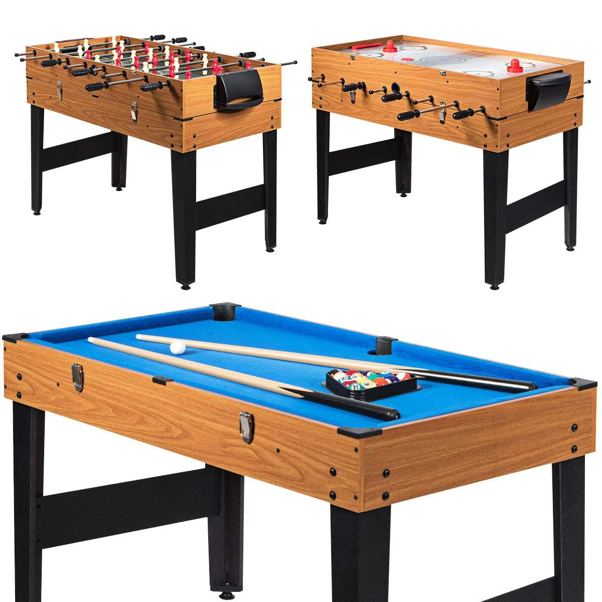 48" 3-in-1 Combo Game Table with Soccer, Billiard, Slide Hockey, Wood Multi Game Table Foosball Table for Game Room
