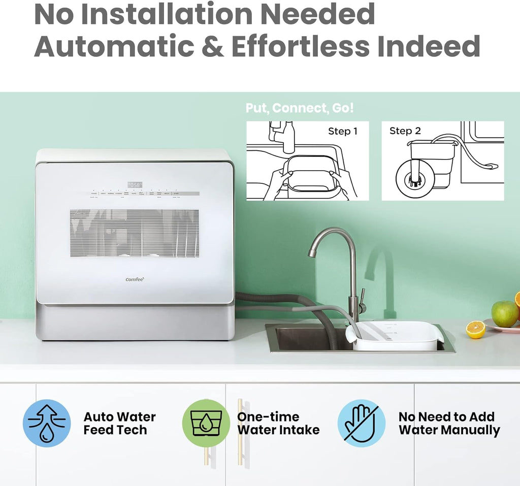 COMFEE' Portable Dishwasher Countertop with 5L Built-in Water Tank, No Hookup Needed, 6 Programs, 360° Dual Spray, 192�?High-Temp& Air-Dry Function, Mini Dishwasher for RVs, White