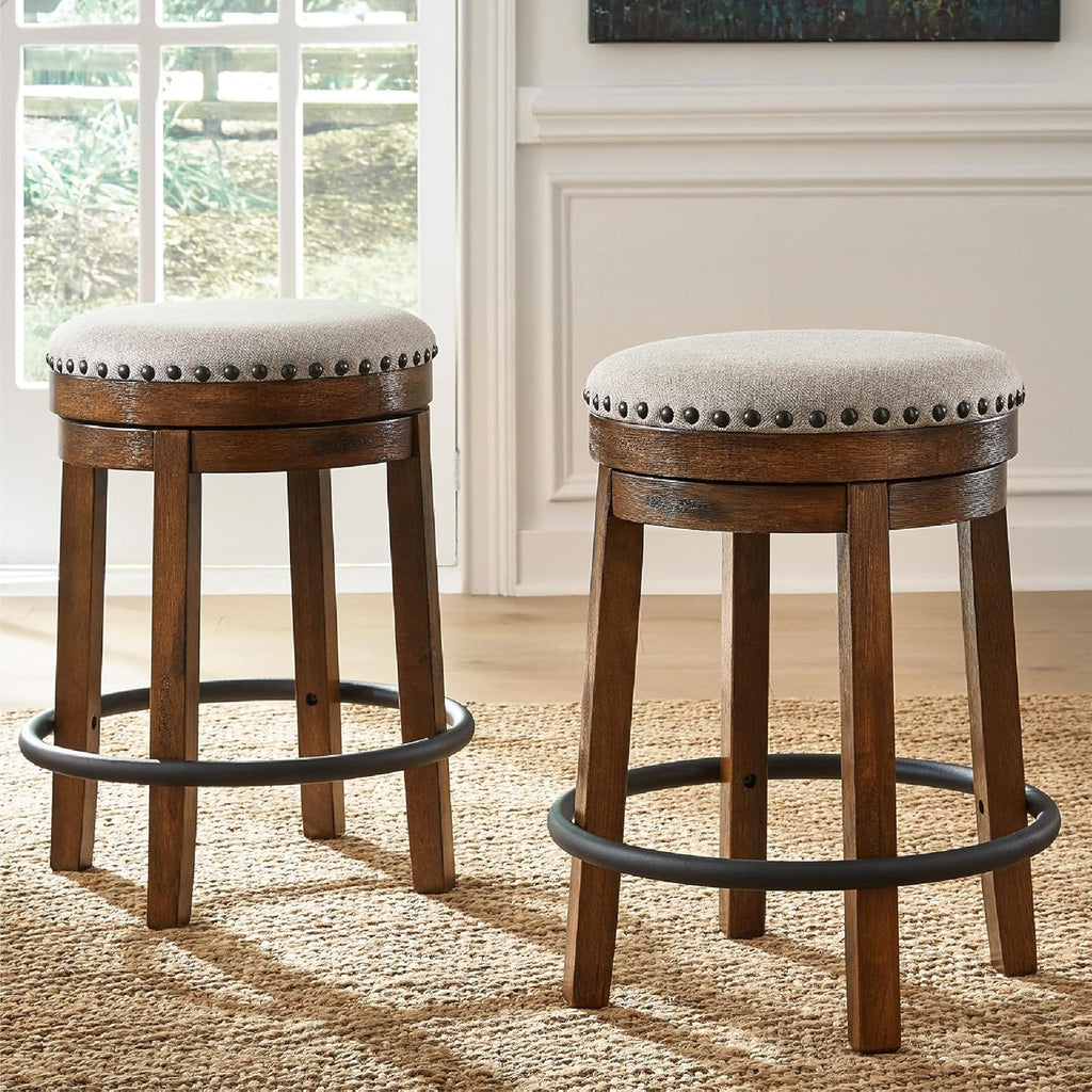 Signature Design by Ashley Valebeck Upholstered Swivel Stool, Cushioned Seat, Woven Fabric Upholstery, Wood, 24" H, Brown & Black
