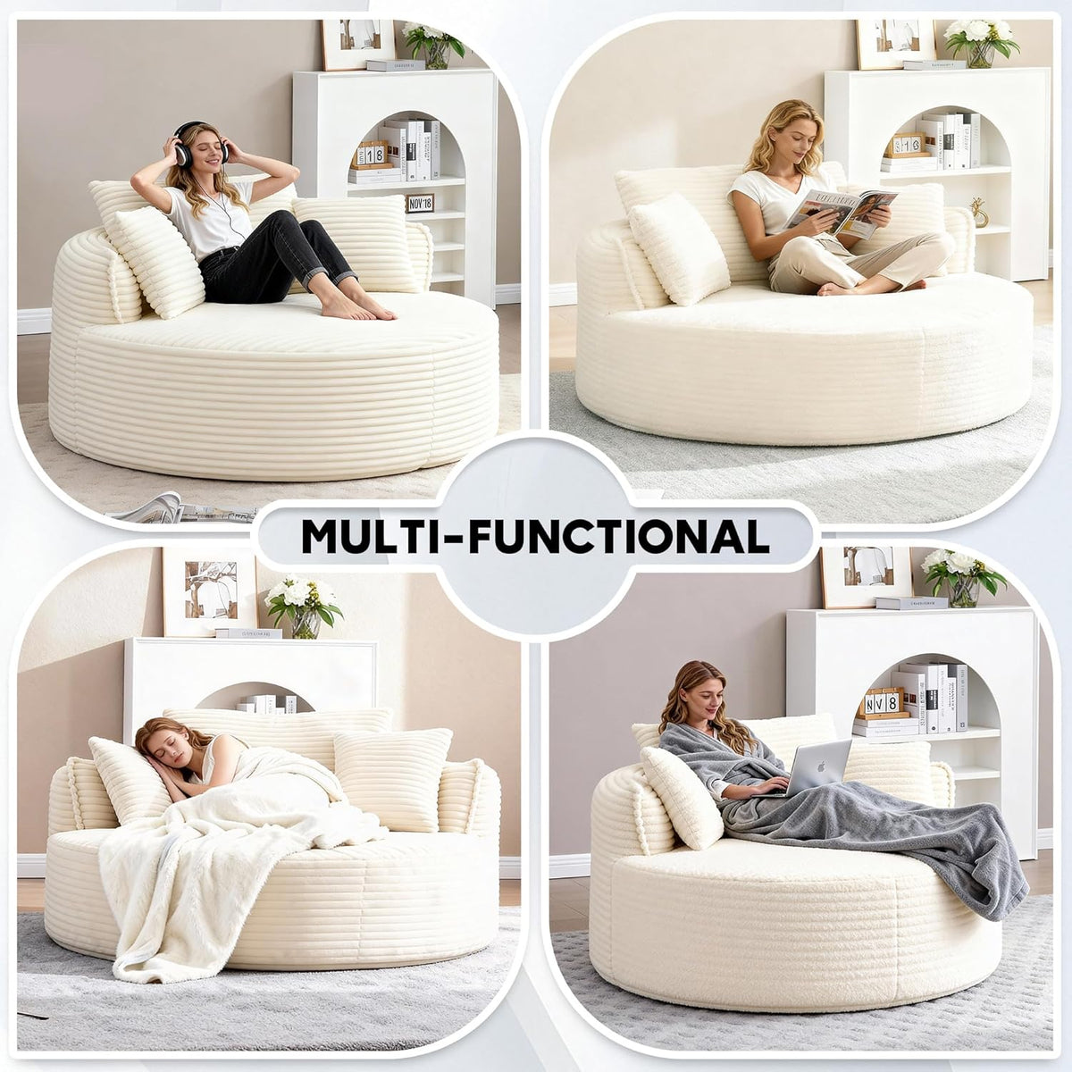 Oversized Round Chair Lounge Chaise Indoor, 53.5" Upholstered Corduroy Deep Seat Single Cloud Sofa Chair, Fluffy Modern Large Circle Boneless Sleeper Sofa for Living Room, Bedroom, Beige White