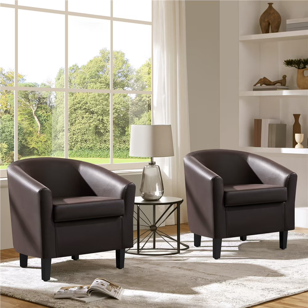 Renwick Faux Leather Barrel Accent Chair for Living Room, Set of 2, Black