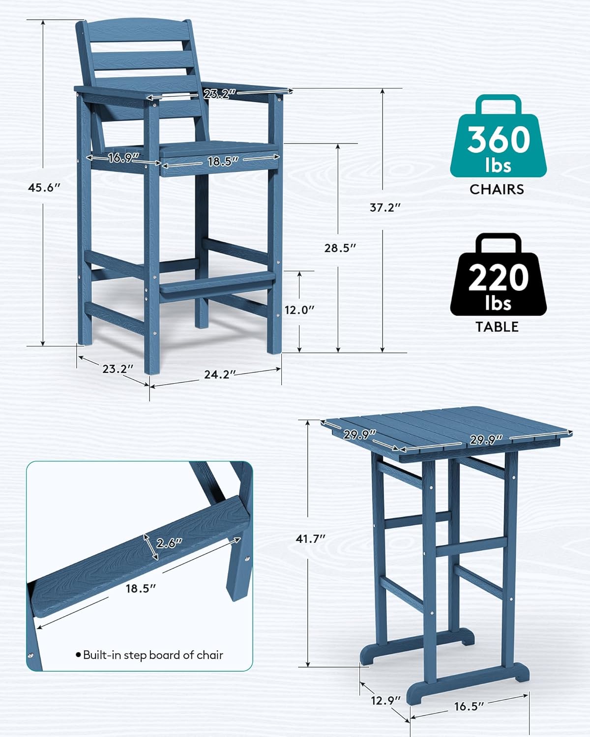 SERWALL Balcony Adirondack Chairs and Table 3 Pieces Set  Adirondack Bar Height Chairs Set of 2 and Bar Table  Outdoor Bar Stools Set for Bistro  Poolside  Backyard  Blue