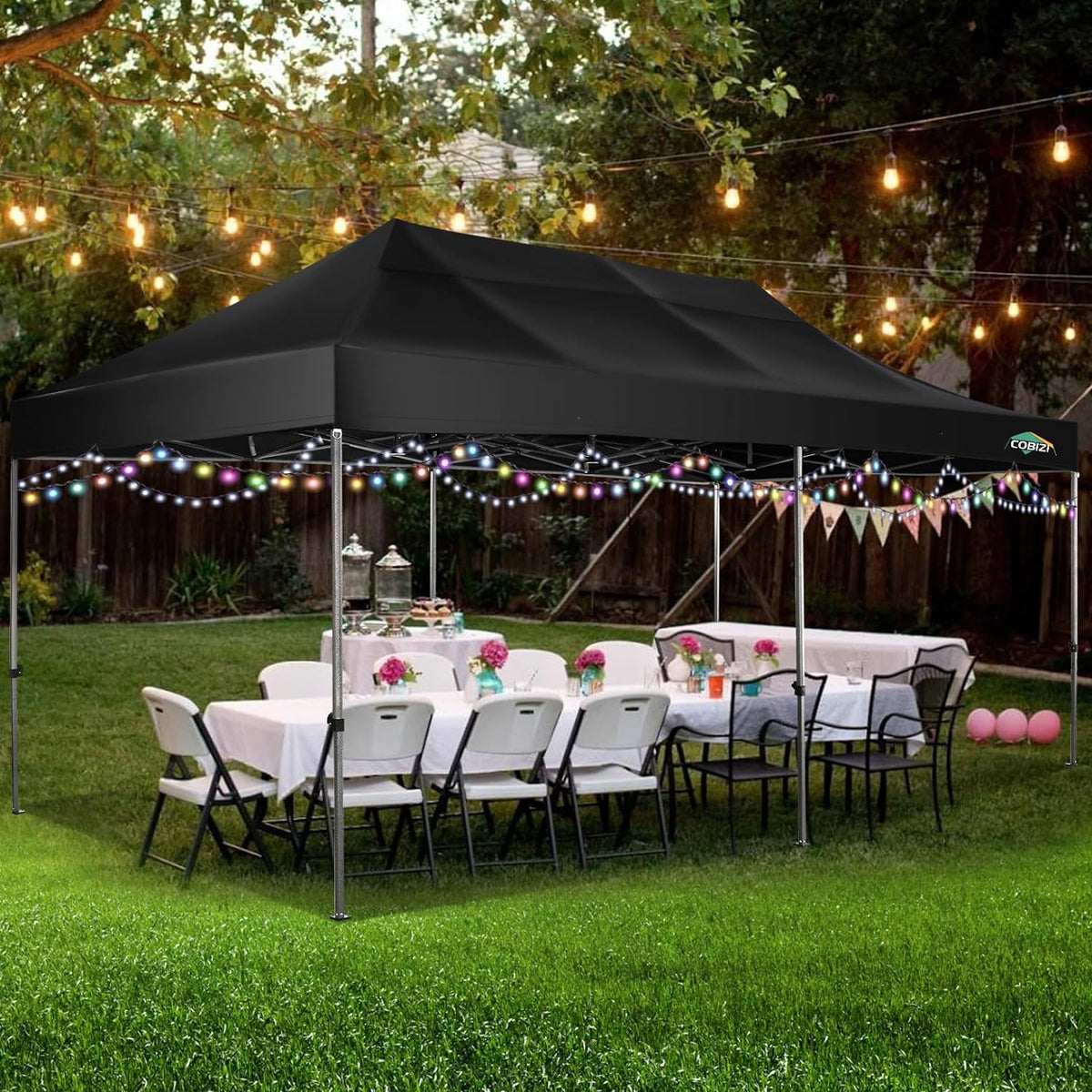 COBIZI 10x20 Heavy Duty Pop up Canopy Tent with 6 sidewalls Easy Up Commercial Outdoor Canopy Wedding Party Tents for Parties All Season Wind & Waterproof Gazebo with Roller Bag,Black(Frame Thickened)