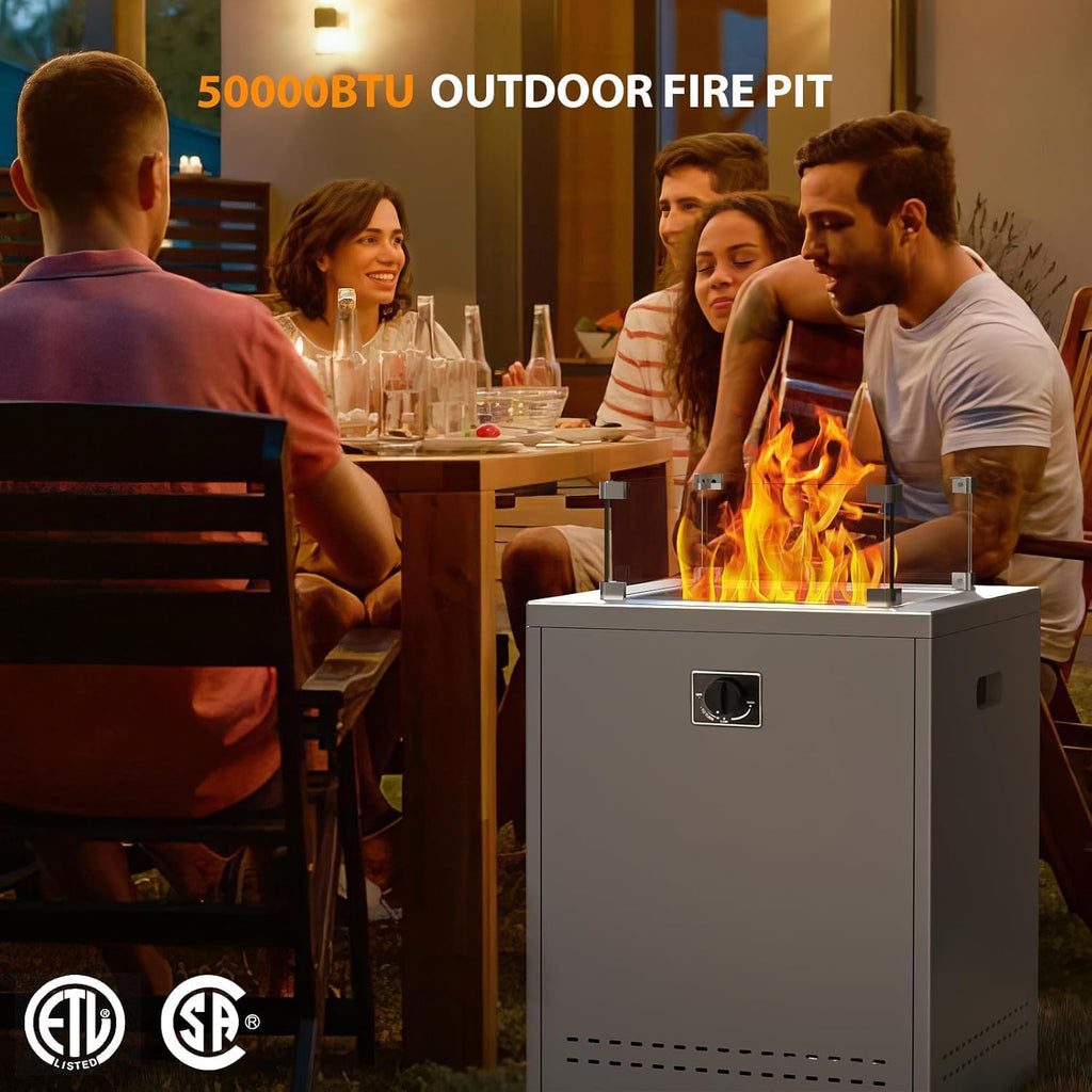 20" Square Smokeless Propane Fire Pit Table, 50,000 BTU Portable Outdoor Patio Heater with Lava Rocks, Glass Wind Guard & Cover for Deck, Backyard, Garden, Camping (Grey)