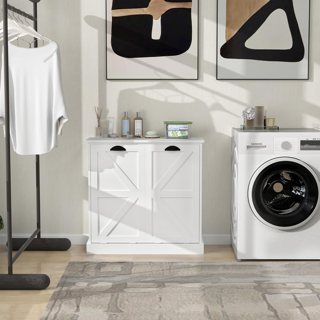 Tilt Out Laundry Hamper Cabinet with Basket, Removable Laundry Basket, Farmhouse Freestanding Hidden Trash Can Cabinet with Laundry Storage Basket for Bathroom, Kitchen
