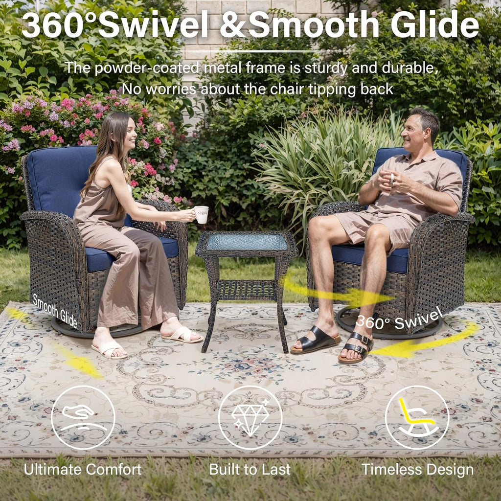 Belord Patio Wicker Chairs Swivel Rocker - Outdoor Swivel Rocking Chairs Set of 2 with Rattan Side Table  Patio Swivel Glider Chair 3 Piece Patio Furniture Sets for Deck Porch Pool Brown/Blue
