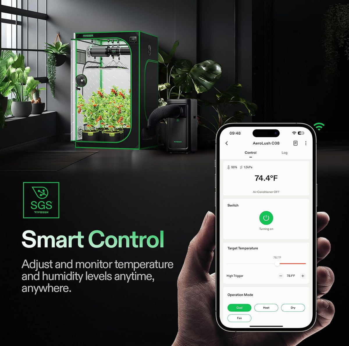 VIVOSUN AeroLush C08 Smart Air Conditioner  8000BTU  4-in-1 Function  with Temperature & Humidity Sensor Probe  Smart Remote Control  Designed for Growing Environments