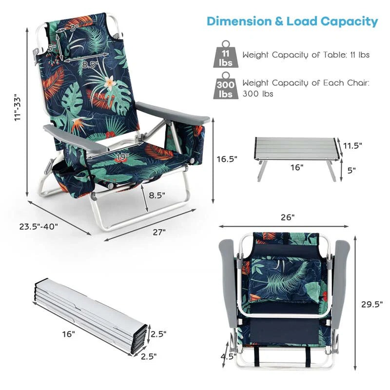 2 Pack 5-Position Outdoor Folding Backpack Beach Chair & Table Set, Patio Lawn Camping Chair Beach Sling Chair