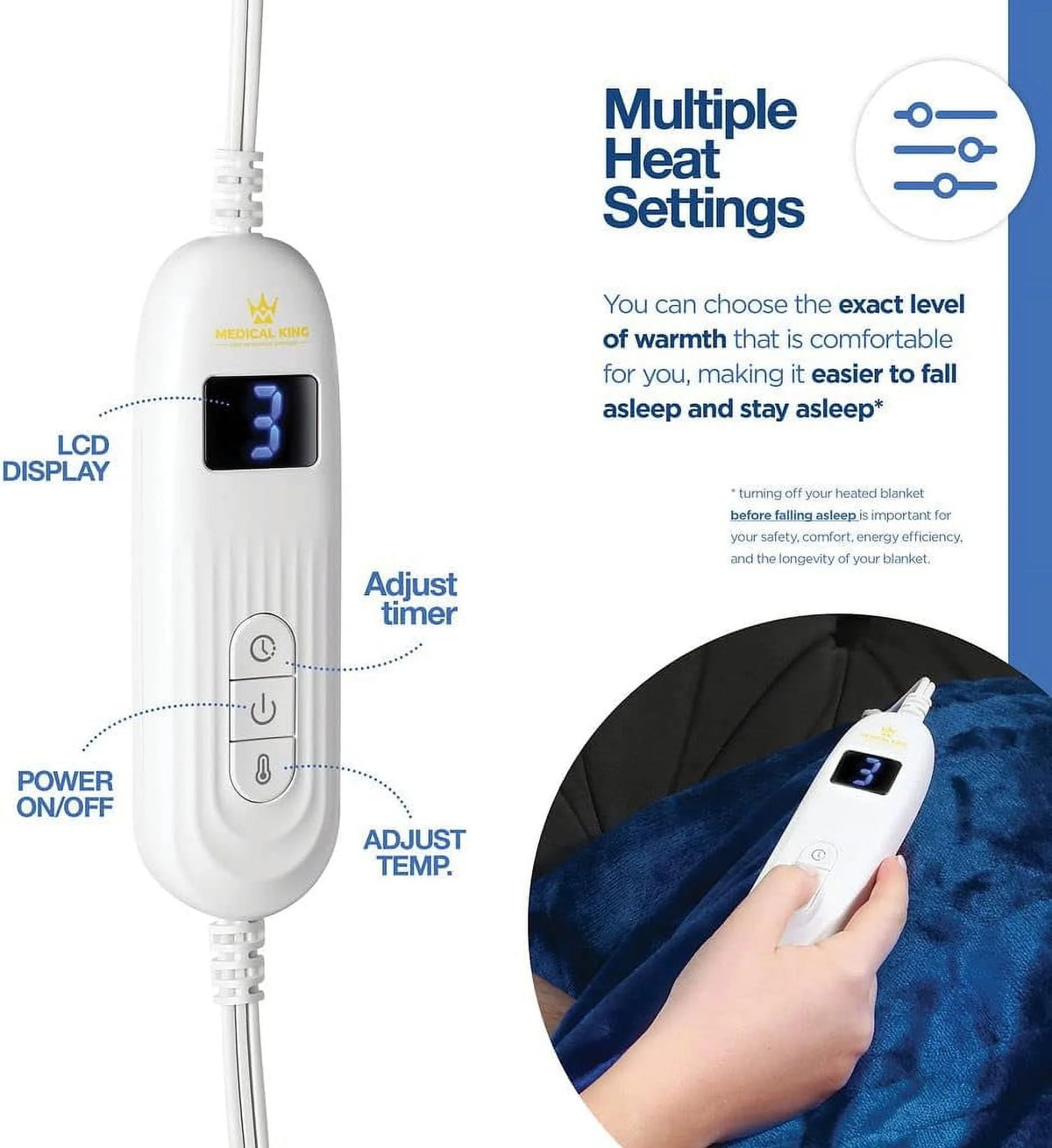 Heated Blanket with Hand Controller for 10 Heating Settings - Electric Blanket with auto Shut-Off ( Blue 50 x 60) - MedicalKingUsa