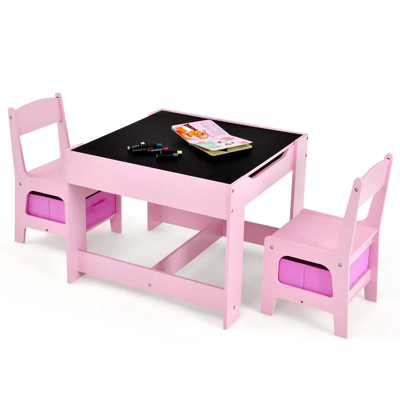 3-in-1 Kids Wood Table Chairs Set with Blackboard & Storage Drawers, Children Multi Activity Table for Learning Playing Drawing