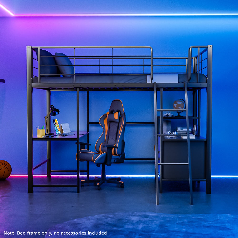 Gaming Loft Bed with Desk and Storage Cabinet, Steel Metal Frame, Space Saving Design, for Single Mattress, Matte Dark Grey