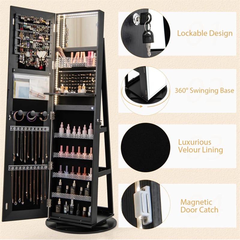 360�� Swivel Jewelry Cabinet Armoire w/ Full Length Mirror 3-Color LED Lights & Rear Shelves, Lockable Standing Jewelry Storage Organizer