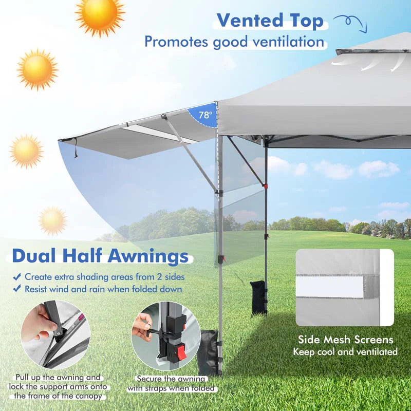 10 x 17.6 FT Outdoor Instant Pop-up Canopy Tent for Market Picnic with Dual Half Awnings & Wheeled Bag