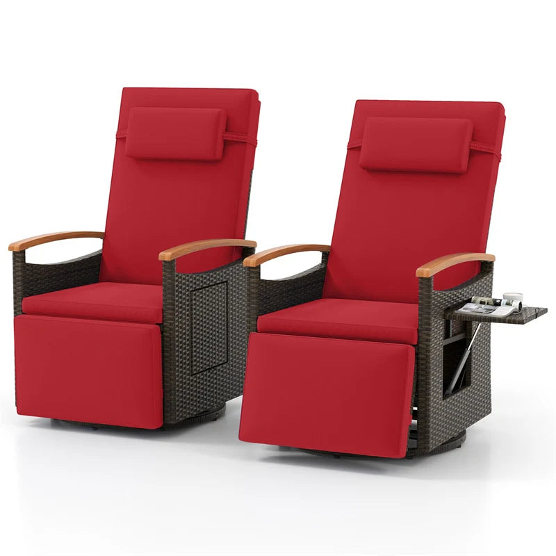 Outdoor Rattan 360�� Swivel Recliner Chair, Patio Wicker Chaise Lounge Chair with Adjustable Backrest & Footrest, Flip Side Table & Cushions