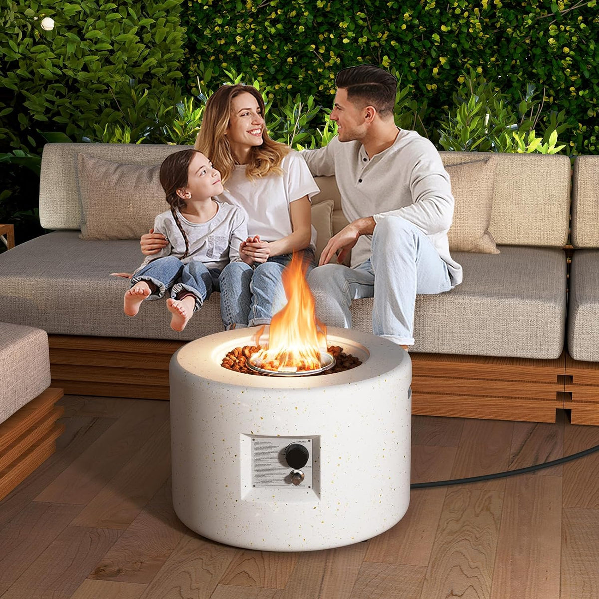 Tangkula Propane Fire Pit Table, 25.5�� Round Terrazzo Gas Fire Pit with Stainless Steel Burner & Lava Rocks, Protective Cover & Tank Seat Included, 40,000 BTU Smokeless Fire Pit for Outside Patio